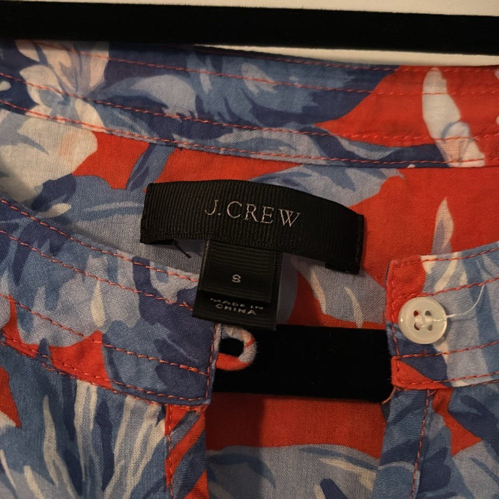 J. Crew Red and Blue Ruffled Blouse with Mandarin Collar - Picture 2 of 3